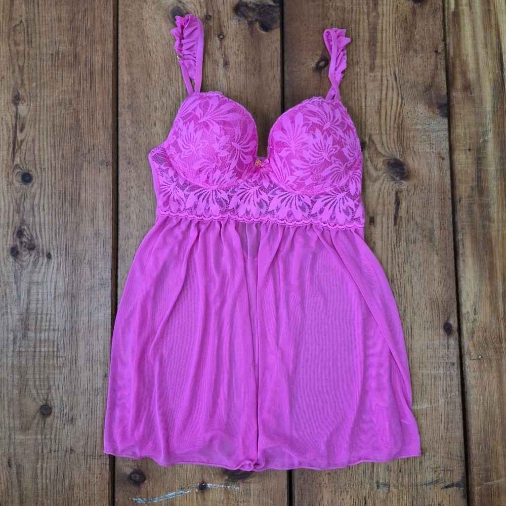 Daisy Fuentes Pink Lace Mesh Babydoll Chemise Ruffle Strap Lingerie Large